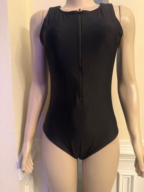 Women Black One-Piece Zip-Front Swimsuit